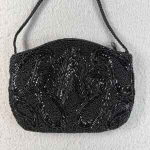 Robinsons Black Hand Beaded Evening Bag Crossbody Purse Formal Zip Top